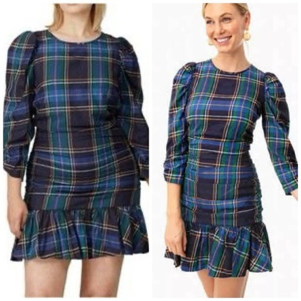 Tanya Taylor Dress 8 Raven Plaid Peplum Dress Ruched Drop Waist Academi A0010230